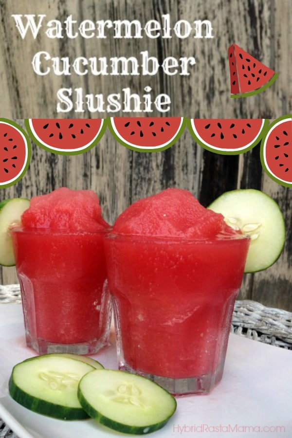 Two glass jars of watermelon cucumber slushies with a cucumber slice on the rim